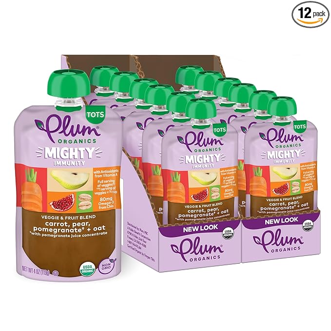 Plum Organics Mighty Immunity Organic Toddler Food - Carrot, Pear, Pomegranate, and Oat - 4 oz Pouch (Pack of 12) - Organic Vegetable Toddler Food Pouch
