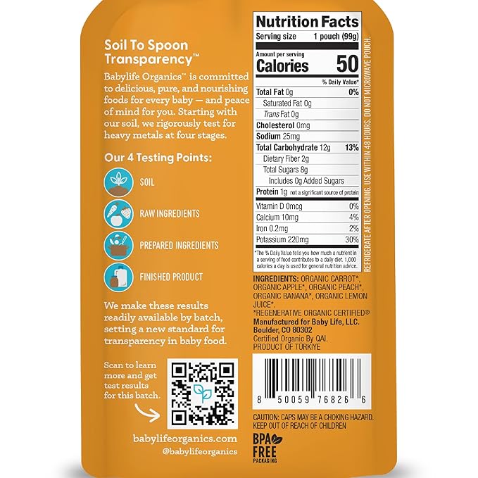 Babylife Organics Stage 2 - Carrot, Apple, Peach & Banana, 3.5 Ounce Pouch (6 Pack) - Heavy Metal Safe, Organic Baby Food