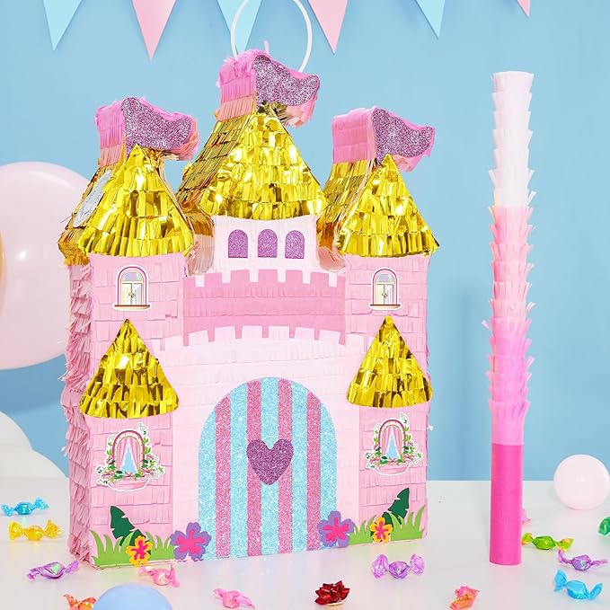WERNNSAI Princess Castle Piñata - Princess Birthday Party Decorations Pink Princess Piñata with Blindfold and Bat for Birthday Girls Family Game Princess Theme Birthday Party Supplies 16.4” x 12.4”