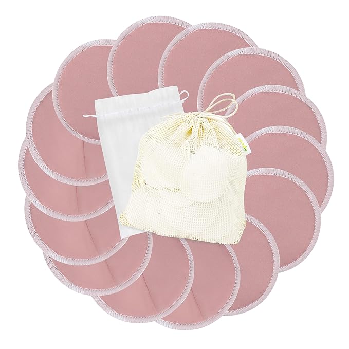 wegreeco Nursing Breast Pads (14 Pack) + Laundry Bag & Travel Storage Bag, 4.7 inch - Washable & Reusable Breastfeeding Nursing Pads (Mild Pink, Large, Contoured & Plain Shape)
