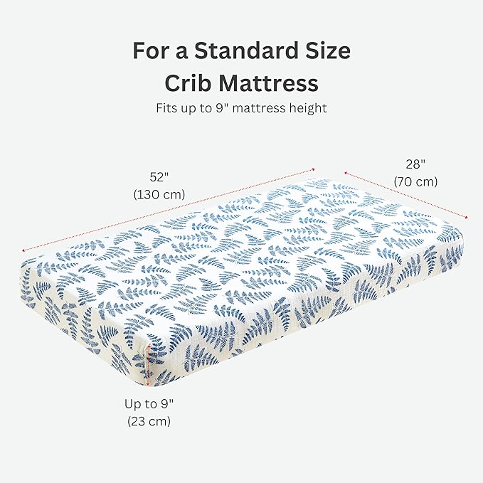 Margaux & May Organic Muslin Cotton Baby Crib Sheets, Blue Fern Print 2 Pack, Fitted, Breathable, Toddler Bedding, 52 x 28, Deep Pocket, Organic Crib Sheets for Cozy Sleep