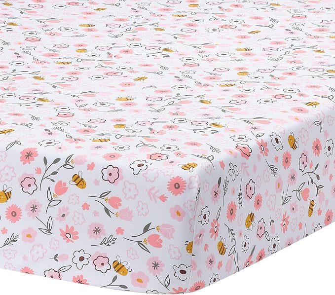 Lambs & Ivy Little Garden 100% Cotton Pink Floral Fitted Crib/Toddler Sheet