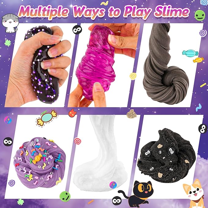 LAWOHO 6 Packs Purple Black Slime Kit - Cloud, Butter & Clear Slime, Slime for Kids with Spooky Slimes Add-ins, Slime Kit for Boys & Girls Birthday Halloween Party Favors Christmas Easter Gifts