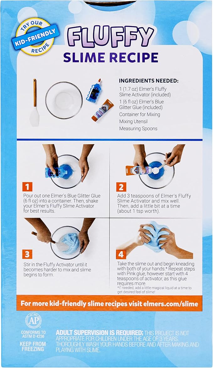 Elmer’s Fluffy Slime Kit, Includes Translucent Color Glue, Glitter Glue, Fluffy Slime Activator, 4 Count - Perfect for Parties, Gift, Activity Time