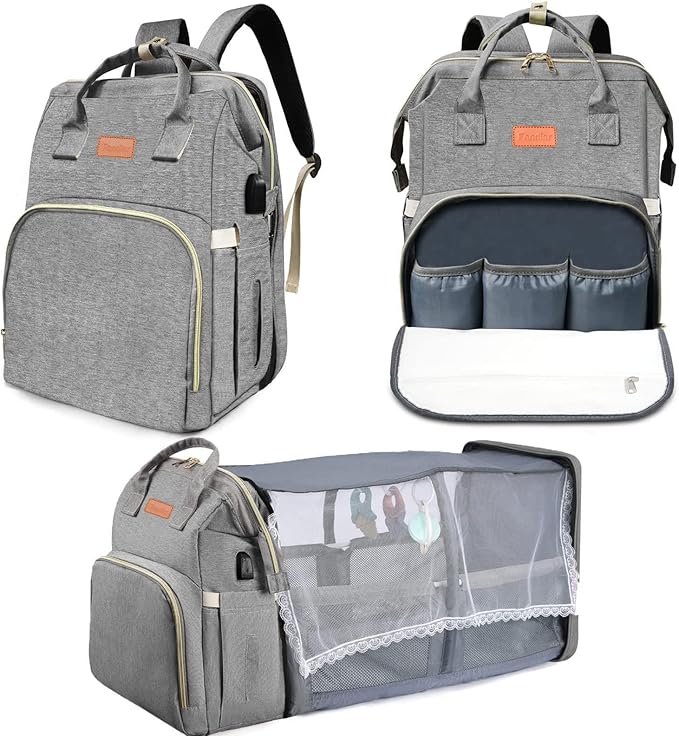 Diaper Bag with Changing Station, Baby Diaper Bag with USB Charging Port, Multi-functional Waterproof Travel Essentials Diaper Bag Backpack for Boys & Girls, Gray