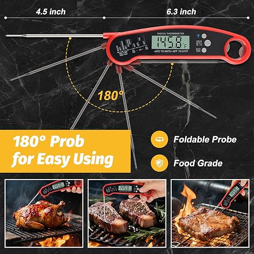 Digital Meat Thermometer – Waterproof Instant-Read Cooking Thermometer with LCD Backlight, Magnetic Back & Bottle Opener for Grilling, BBQ, Baking, Sous Vide, Candy Making & Kitchen Use