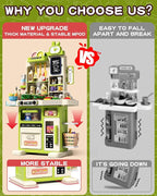 33.8IN Kids Kitchen Playset, 70PCS Kid Play Kitchen with Realistic Lights & Sounds, Spray Sink Toy Kitchen Accessories, Pretend Food Toys Kitchen for Boys Girls Toddlers(Green)