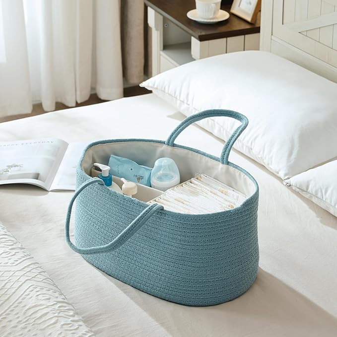 Baby Diaper Caddy Organizer, Large Cotton Rope Nursery Diaper Basket, Changing Table Organizer, Portable Tote Bag with Divider, Car Storage, Baby Shower Gifts for Newborn Girls - Lake Blue