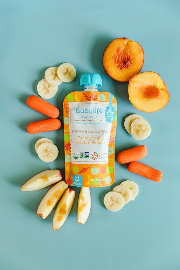 Babylife Organics Stage 2 - Carrot, Apple, Peach & Banana, 3.5 Ounce Pouch (6 Pack) - Heavy Metal Safe, Organic Baby Food