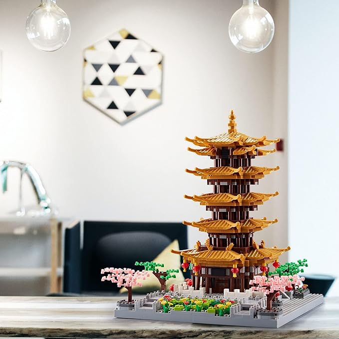 Chinese Architecture Ancient Famous Collectible Micro Building Blocks Set for Adults, 2200PCS Creative Model - Yellow Crane Tower with Cherry Blossom Tree Cherry Plants Presents