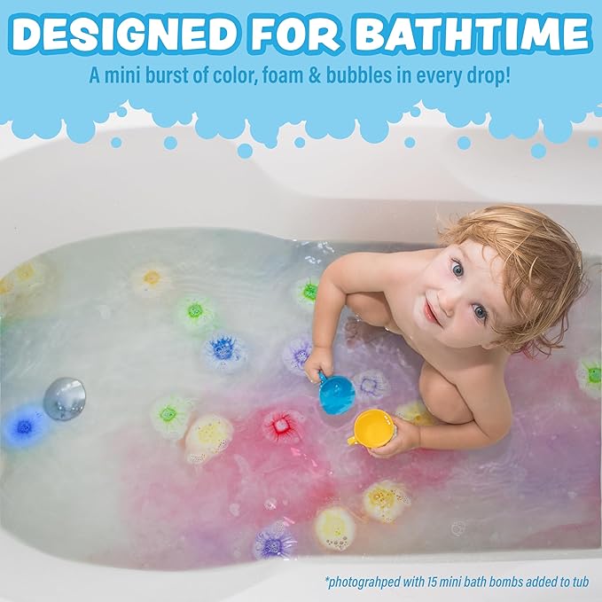 Tub Works® Lil' Bursts™ Mini Bath Bombs for Kids, 90 Count, Rainbow | Nontoxic | Tiny Kids Bath Bombs with A Burst of Color, Foam & Bubbles | Customize Toddler Bath with 7 Colors | Make Bathtub Art