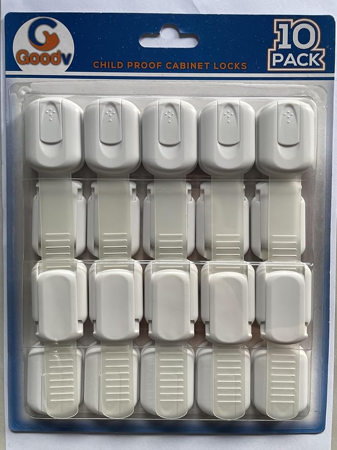 Goodv Child Safety Cabinet Locks - (10 Pack) Baby Proofing Latches to Drawer Door Fridge Oven Toilet Seat Kitchen Cupboard Appliance Trash Can with 3M Adhesive - Adjustable Strap No Drill No Tool