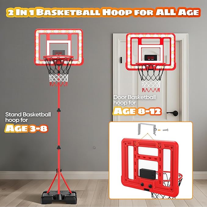 Kids Indoor Basketball Hoop with Scoreboard & Timer,Toddler Adjustable Height Basketball Goal Toy for Outdoor Backyard,Sports Game Play