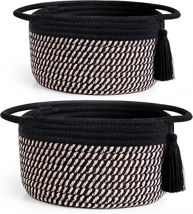 Empty Gift Basket - SweetMemo Mini Woven Rope Organizer Baskets for Baby Shower, Vanity, Makeup Brushes, Bathroom, Shelves, Desk - Small Decorative Storage Bins - Set of 2, Pre-Shaped, Black Brown