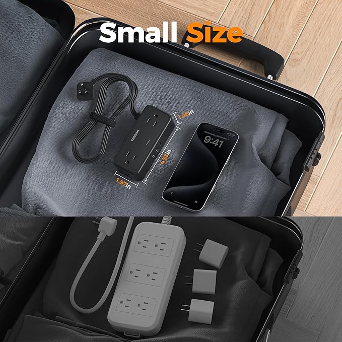 Black Extension Cord 5 Ft, TESSAN Flat Surge Protector Power Strip with 4 Wide Spaced AC Outlets 3 USB Ports (1 USB C), Ultra Thin Flat Plug with 900J Surge Protection, Office Dorm Room Essentials