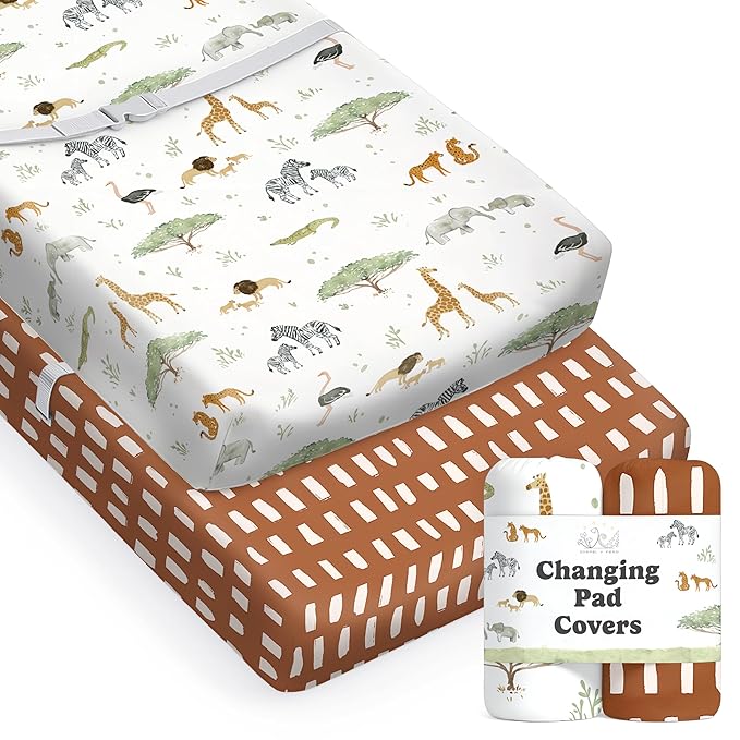 Baby Changing Pad Cover 2-Pack for Boys, Girls (Safari Adventure) - Premium Fitted Sheets Baby Diaper Changing Table Cover - Buttery Soft Cotton Blend