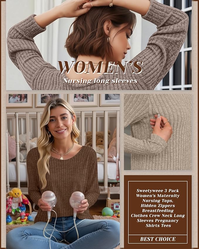 3 Pack Women's Nursing Long Sleeve Tops Breastfeeding Thermal Sweaters with Hidden Zipper Maternity Ribbed Shirts