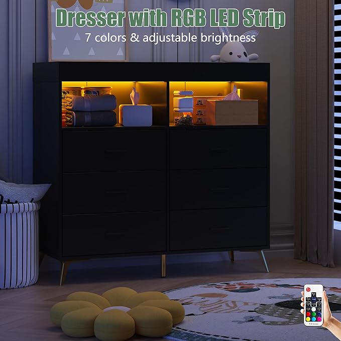 Dresser for Bedroom with 6 Drawers, Multi-Functional Nursery Dresser with LED Lights & Charging Station,Baby Changing Table Table with Diaper Changing Station