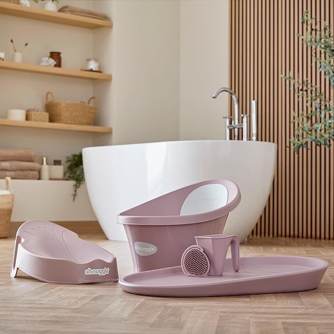 Shnuggle Newborn Baby Bath | Built in Support Bump and Soft Backrest | Suitable from Newborn | Bath Seat Support Includes Plug | Blossom Pink