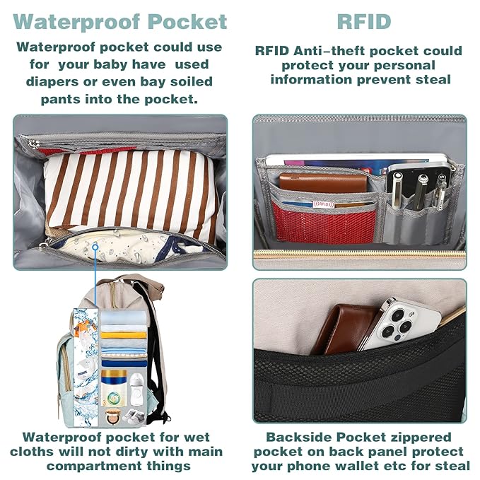 Jiefeike Girls Diaper Backpack,Travel Backpack Diaper Bag for Dad Mom Baby Boys,Insulated Pockets Portable Baby Nappy Bags with USB Charging Port,RFID Anti-Theft Water-Resistant Pocket Stroller Straps