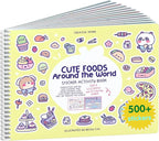 Girly Sticker Book Activity for Kids, Cute Foods Around The World by Cupkin, Toddler Airplane Travel Essentials, 500+ Stickers for Kids 12 Scenes + Coloring Book Pages, Crafts Ages 2-8