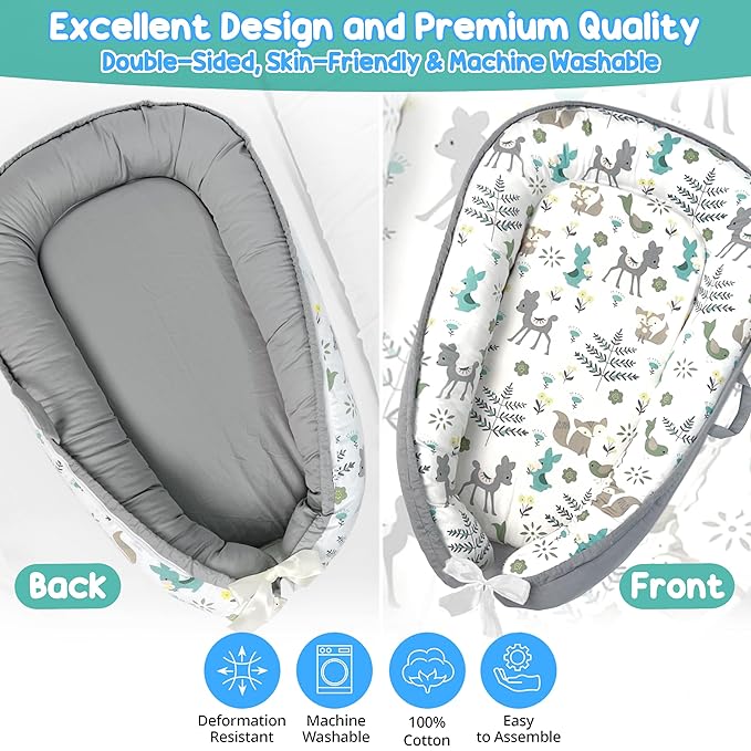 Baby Lounger - Baby Lounger for Newborn 0-24 Months, Breathable, Soft Cotton Baby Nest, Portable Infant Lounger for Home & Travel, Newborn Essentials Gift (Grey Deer)