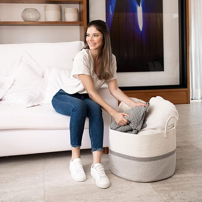OrganiHaus Extra Large Blanket Basket for Living Room 20x13, Natural Cotton Rope Laundry Basket, Sturdy Hamper for Toy Storage, Cushions & Pillows Storage Bin, Nursery Decor Hamper - White/Gray