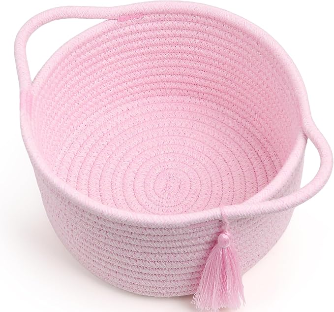 Small Cute Empty Gift Basket Little Woven Rope Organizer Baskets for Baby Shower Gifting, Makeup Brushes Holder, Bathroom- Decorative Vanity Storage Bins - 2 Pack, Pre-Shaped, Pastel Pink
