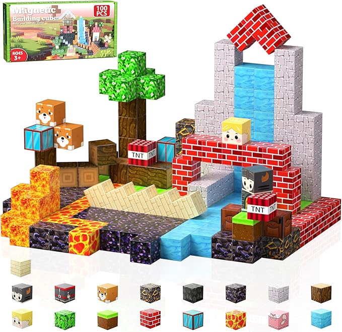 Magnetic Blocks, Magnetic Building Blocks, 3D Construction Build Toys, STEM Sensory Magnet Cubes (Multicolor-100PCS)