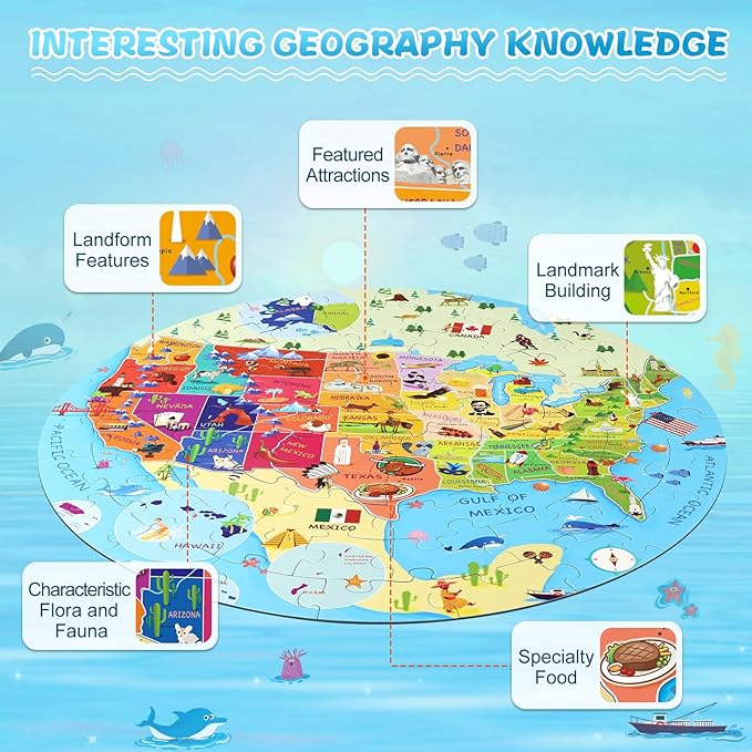 United States Puzzle 70 Pieces USA Map Floor Jigsaw Puzzles for Kids Ages 4-10, Jumbo Round US Geography Puzzle 50 States with Capitals Educational Learning Toys for Boy or Girl