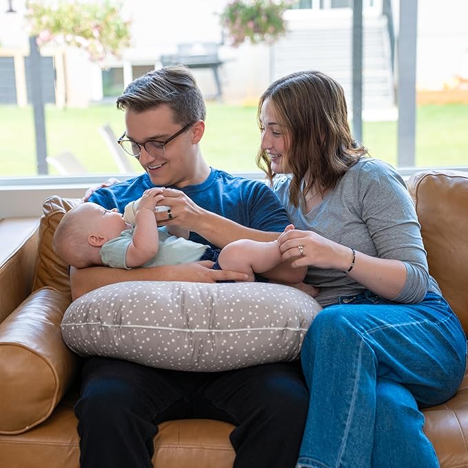 Dr. Mama's Organics Nursing Pillow with Lumbar Support - Ergonomic Design Helps Relieve Back Pain and Arm Fatigue - for Bottle and Breastfeeding - Removable Organic Cotton Cover - (Gray Stars)