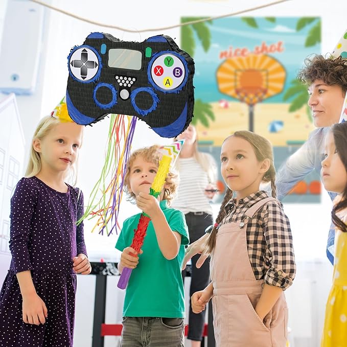 WERNNSAI Video Game Piñata - Game Controller Piñata Bundle with Blindfold and Bat for Boys Kids Piñata Gaming Theme Party Decoration Supplies Pull String Piñata for Birthday Party Celebration Blue