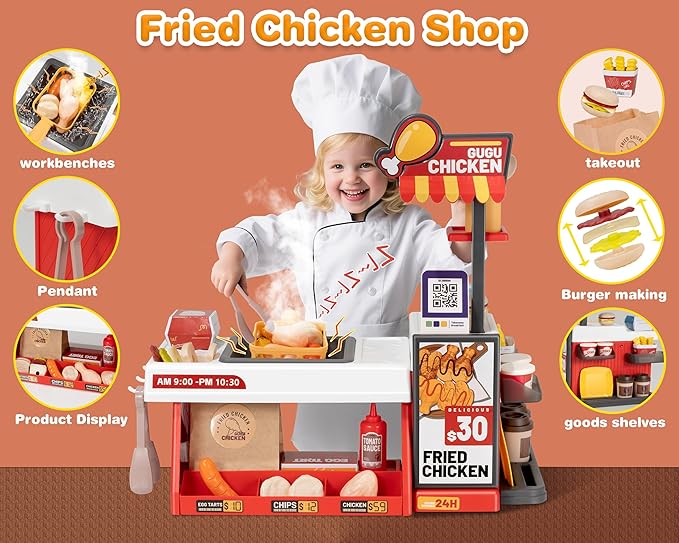 Kids Kitchen Food PlaySet - Simulated Fried Chicken Fast Food Store Toy with Cash Register, Includes Color-Changing Food, Suitable Birthday Gift for Boys and Girls Aged 3-5