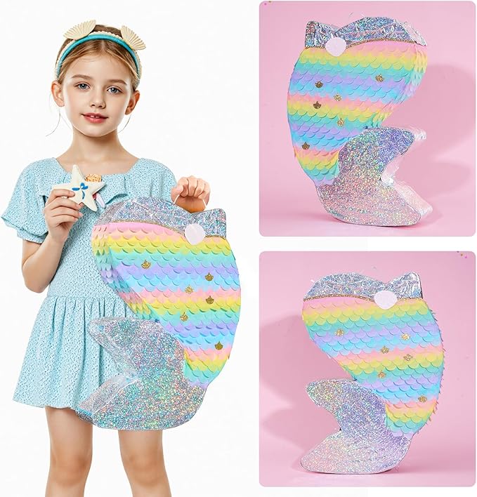 WERNNSAI Dolphin Piñata for Girls - Mermaid Princess Birthday Decorations Dolphin Pinata for Kids Under the Sea Girl Party Game Supplies with Blindfold and Bat (12.5" x 16.5" x 3")