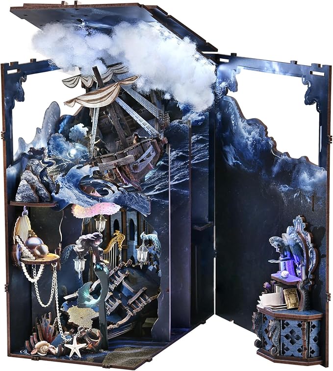 Book Nook Kit, DIY Miniature Dollhouse Book Nook Kit with Dust Cover and LED Light (The Song of Sirens)