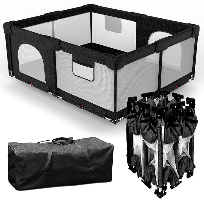 Foldable Baby Playpen with Gate, Extra Large Collapsible Play Yard for Babies & Toddlers, Portable Travel Play Pen with Fence, Safe Activity Center for Indoor & Outdoor Use (59"×71" Black)