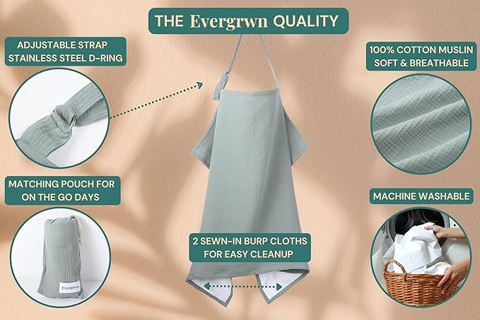 Superior Design Evergrwn Multi-use Privacy Nursing Cover Up for Breastfeeding, 100% Cotton Breathable Nursing Cover with Arch Neckline, Muslin Breastfeeding Cover, Baby Essentials (Sage Green)