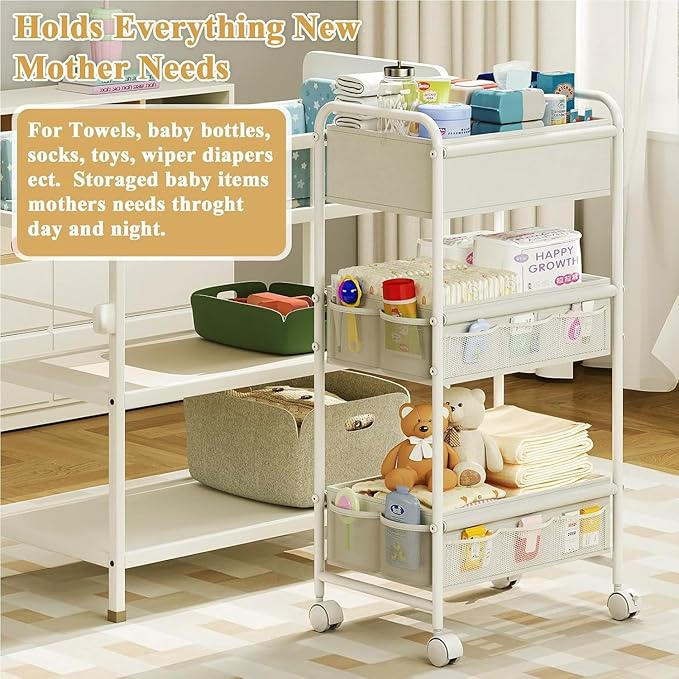 3-Tier Baby Diaper Caddy Cart Organizer,Mobile Nursery Storage Cart with Wheels，With 2 Dividers & 14 Mesh Pockets Durable Metal Utility Cart for Nursery, Bedroom, Bathroom Essentials Organization