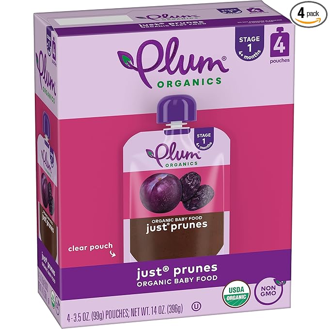 Plum Organics Just Prunes, 4+ Months - Organic Baby Food Pouches, 3.5 oz Pouch (Pack of 4)