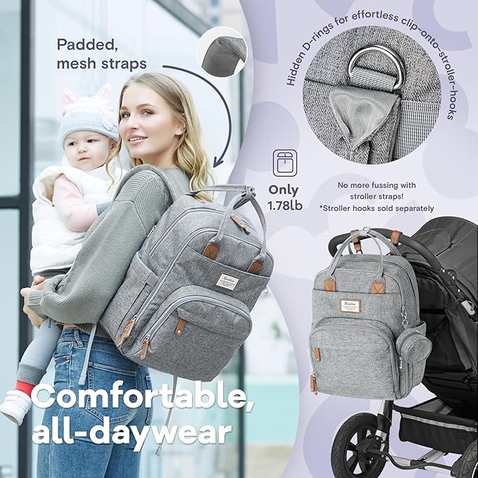 RUVALINO Diaper Bag Backpack-Multifunction Travel Baby Diaper Bag with Changing Pad, Insulated Bottle Holders & Pacifier Case, Large Capacity, Waterproof, Gray