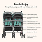 Dream On Me Volgo Twin Umbrella Stroller in Mint, Lightweight Double Stroller for Infant & Toddler, Compact Easy Fold, Large Storage Basket, Large and Adjustable Canopy