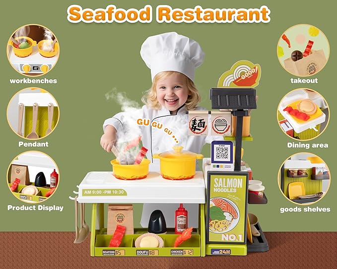 Kids Kitchen Food PlaySet - Simulated Seafood Fast Food Restaurant Toy with Cash Register, Includes Color-Changing Food Sound and Light Effects, Suitable Birthday Gift for Boys and Girls Aged 3-5