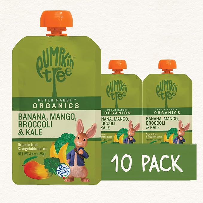 Pumpkin Tree Peter Rabbit Organics, Banana, Mango, and Kale, 4 Squeeze Pouch, Mango, Broccoli & Kale, 4.4 Ounce (Pack of 10)