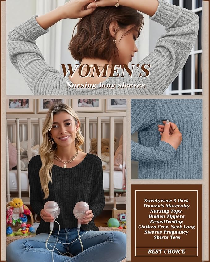 3 Pack Women's Nursing Long Sleeve Tops Breastfeeding Thermal Sweaters with Hidden Zipper Maternity Ribbed Shirts