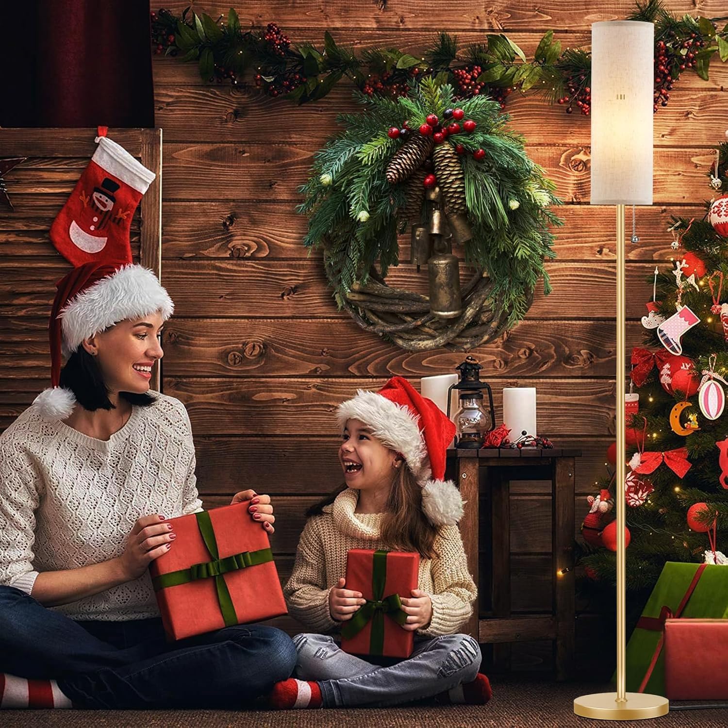 Ambimall Floor Lamp for Living Room with 3 Color Temperatures Bulb, 64" Standing lamp with Linen lampshade for Bedroom, Minimalist Pole Lamp, Beige Shade & Gold Pole