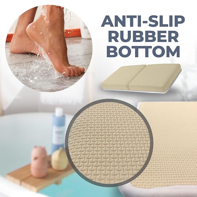 Comfortable Baby Bath Kneeler and Elbow Rest Pad Set – Thick Memory Foam Bath Kneeling Pad with Elbow Support – Baby Bathtub Cushion with Toy Organizer for Bathing Infant or Toddler - Beige