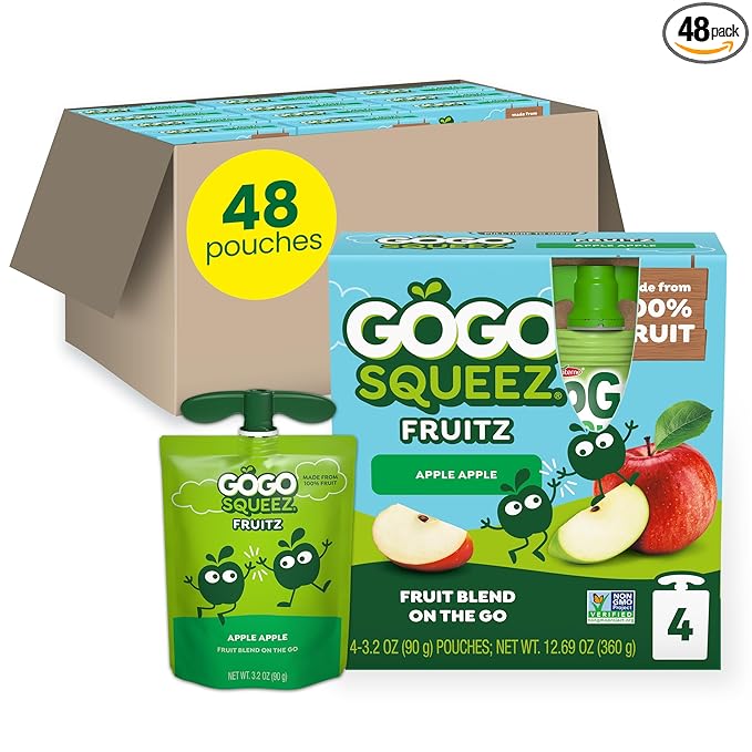 GoGo squeeZ Applesauce and Fruit Puree, Apple Apple, 3.2 oz (Pack of 48), Unsweetened Fruit Snacks for Kids, Gluten Free, Nut Free and Dairy Free, BPA Free Pouches (Packaging May Vary)