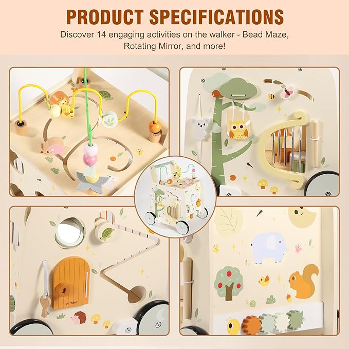 Wooden Activity Cube Push Walker, Wooden Baby Walker, Montessori Push Toys for Babies Learning to Walk & Sit-to-Stand