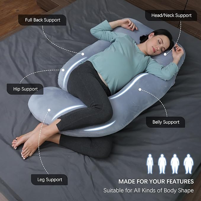 MOON PARK Pregnancy Pillows for Sleeping - Non Compressed Packaging, U Shaped Full Body Maternity Pillow with Removable Cover - Support for Back, Legs, Belly, HIPS - 57 Inch - Grey