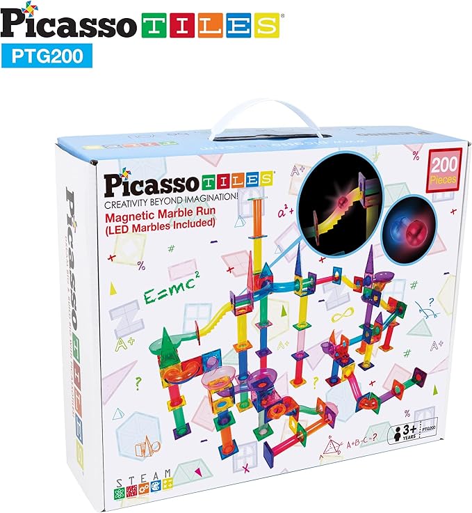 PicassoTiles 200pc Magnetic Marble Run Tiles Toy STEM Educational Race Track with Light Up Marbles Magnet Tile Building Blocks Maze Kit Sensory Pretend Play Toys for Toddlers Boys Girls Ages 3+ PTG200